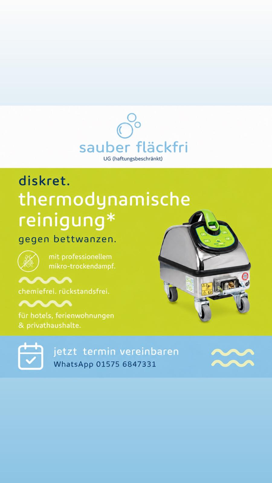 Werbegrafik des Unternehmens: diskrete thermodynamische Reinigung gegen Bettwanzen mit professionellem Mikro-Trockendampf, chemiefrei und rückstandsfrei, für Hotels, Ferienwohnungen und Privathaushalte, mit Dampfreiniger. Termin per WhatsApp unter 01575 6847331